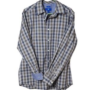 Egara Button Down Shirt Mens Large Blue Brown Excellent Non-Iron Plaid Cotton